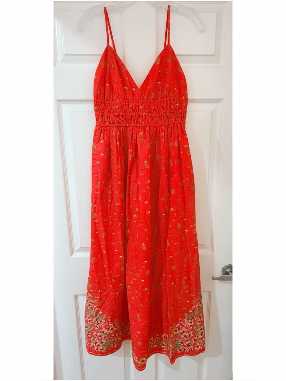 🆕 NWT J.Crew Smocked-waist V-neck dress in map print, California Poppy size 6